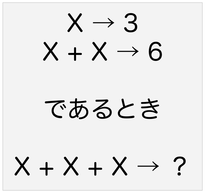 X → 3, X + X → 6 であるとき X + X + X → ？